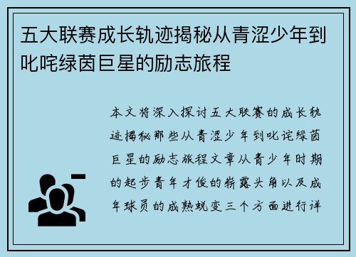 五大联赛成长轨迹揭秘从青涩少年到叱咤绿茵巨星的励志旅程 五大联赛成长轨迹揭秘从青涩少年到叱咤绿茵巨星的励志旅程